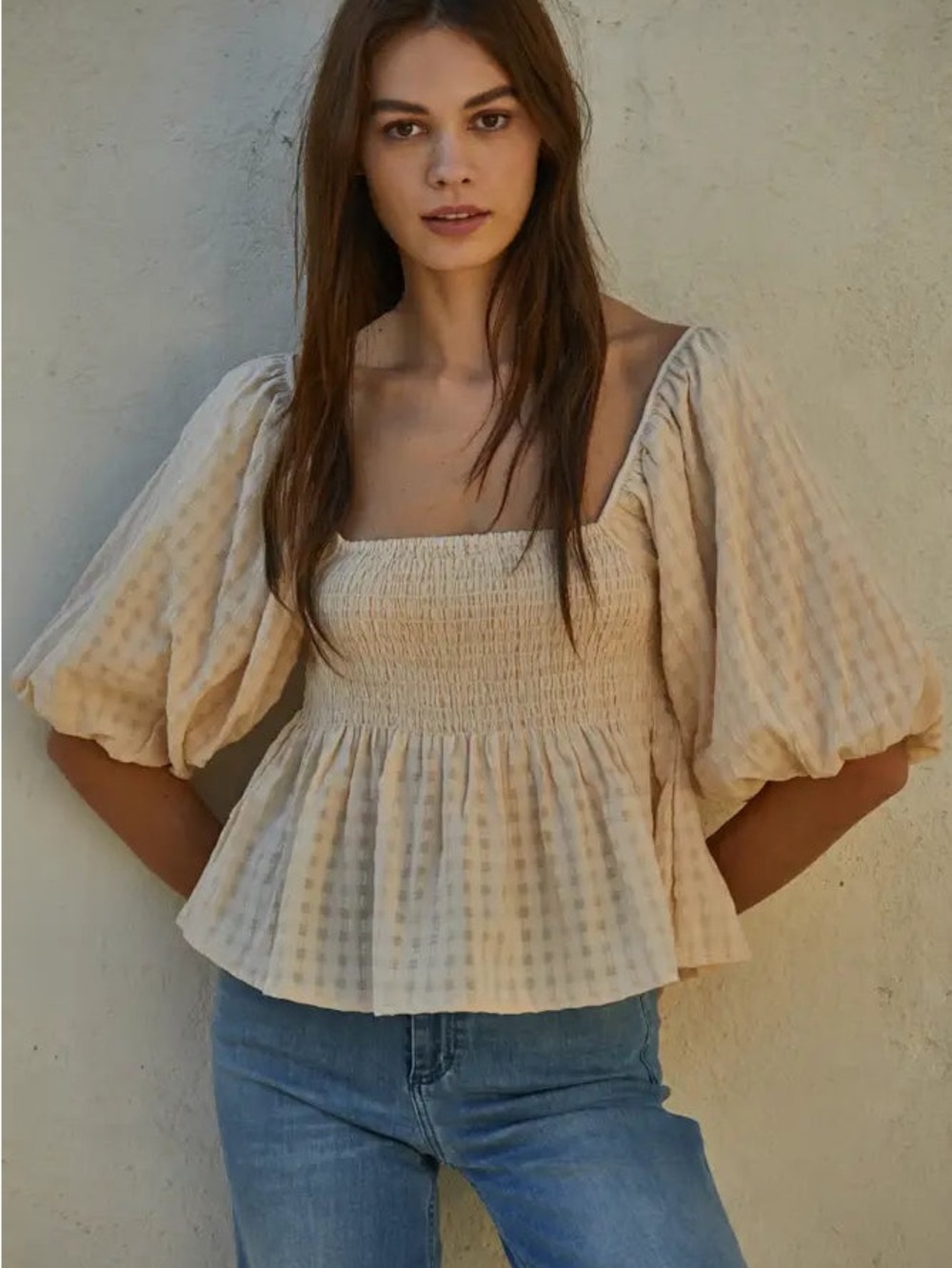 Smocked Square-Neck Gingham Blouse in sugar and honey